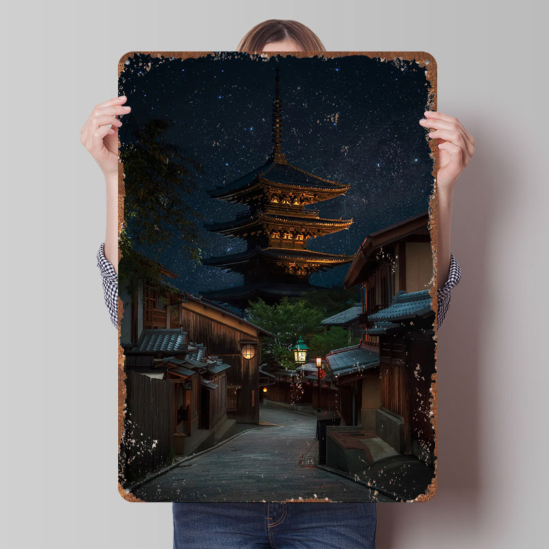 Retro Gaming Kyoto - Póster de Metal de Kyoto Nocturno,